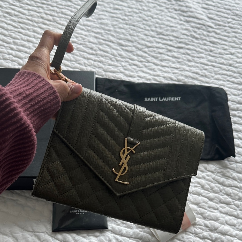 Saint Laurent Khaki Quilted Clutch Grain Leather - Picture 6 of 8
